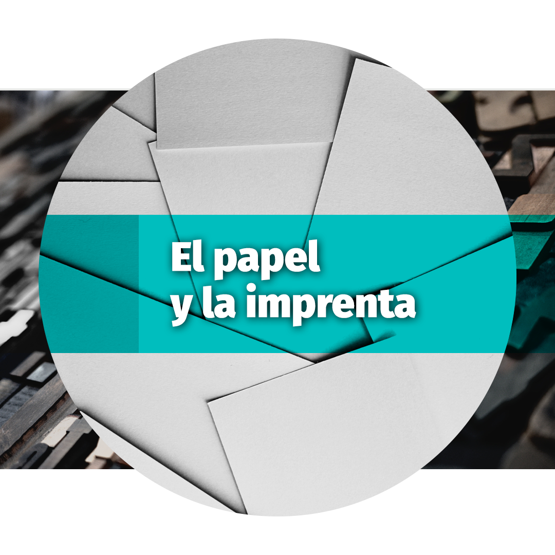 Circulo con fondo de papel y trazos de una imprenta con un listón verde aguamarina.