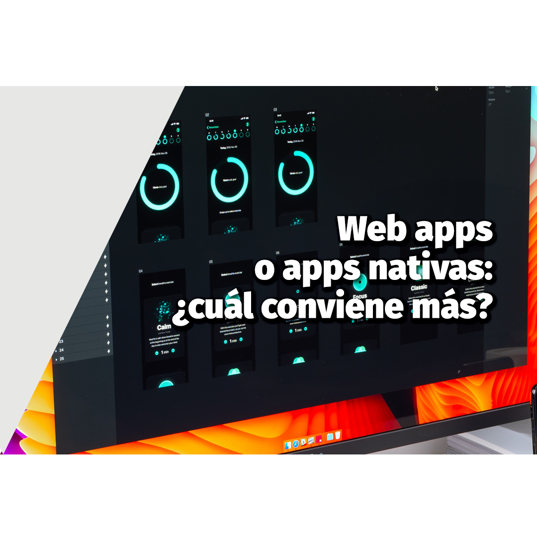 Cuadro oscuro de un web apps en un monitor con fondo de pantalla naranja y amarillo