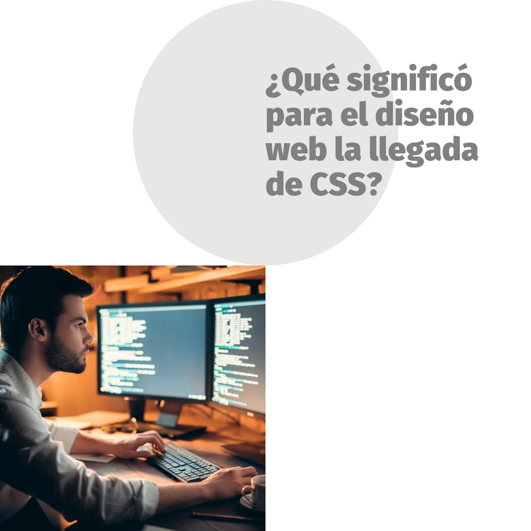 Fondo blanco con círculo gris y alguien operando una PC con dos pantallas y el texto que dice diseño web y la llegada de CSS