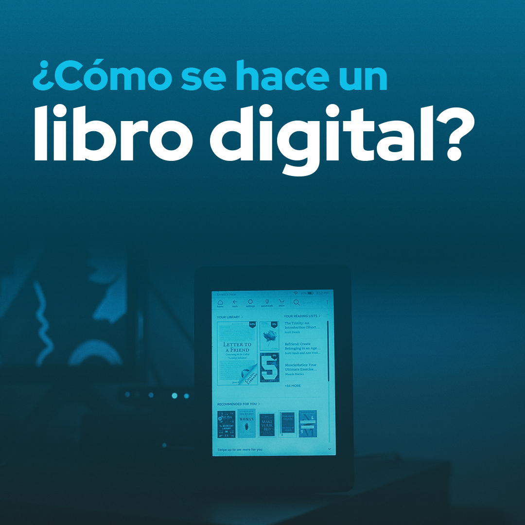 Alguien sostiene una tablet mientras navega la web. Al fondo hay colores azules y la pregunta de cómo se hace un ebook